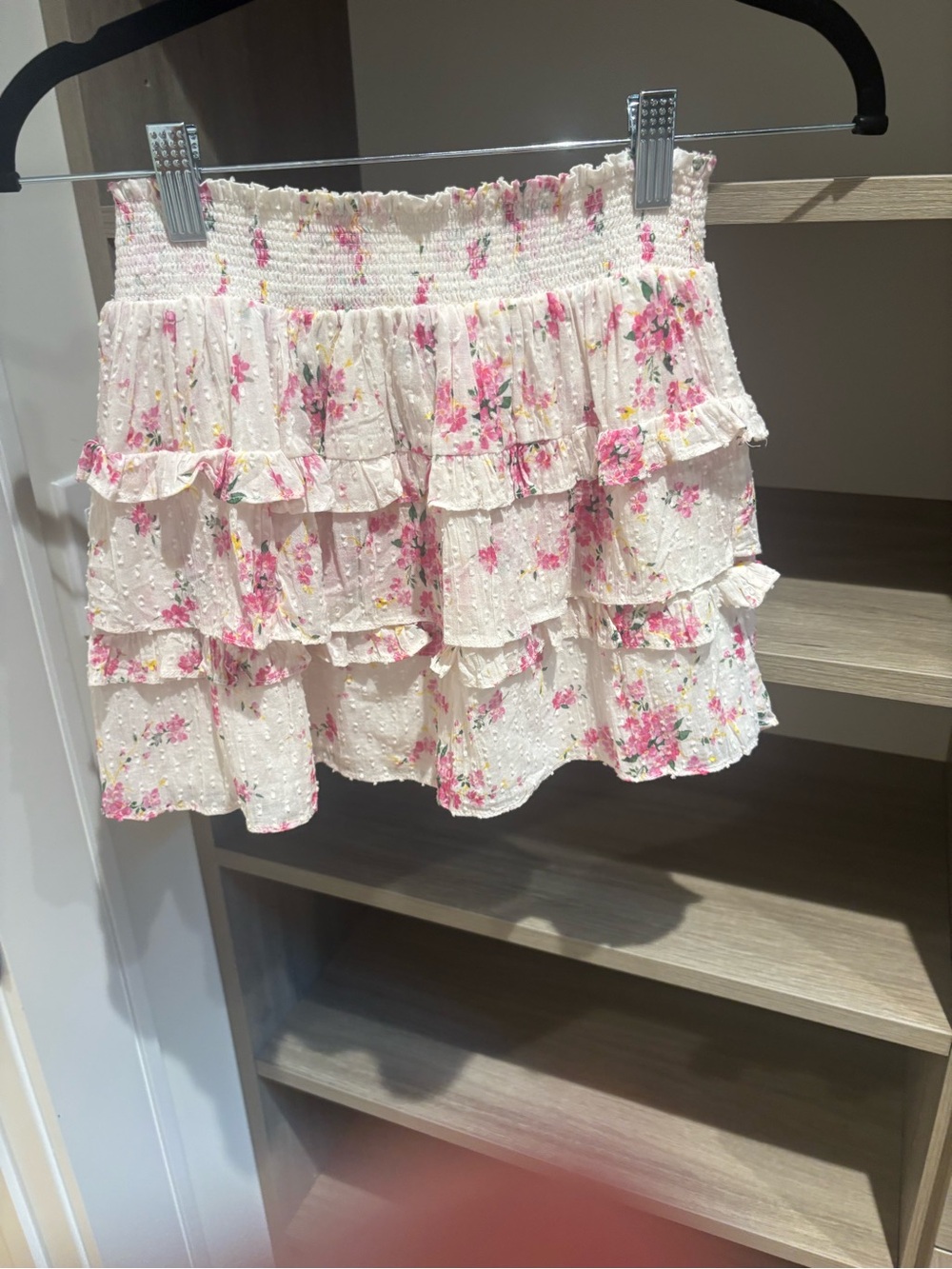 LoveShackFancy Cream Floral Ruffle Tiered Skirt